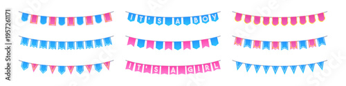 Baby shower bunting set with pink and blue festive pennants. Adorable garland banner for birthday party celebration or welcoming newborn boy or girl. Pastel hanging decor on white background.