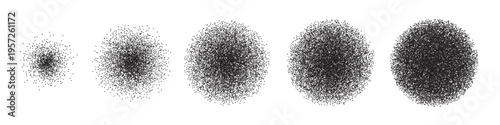 Dot grain texture circles. Stipple circle gradient balls. Black globes with gradation to fade of monochrome grainy dots or noise dust on white. Abstract vector illustrations set.