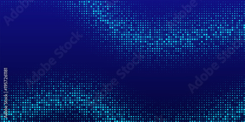 Digital data wave background. Blue dot pixel halftone wave with dynamic motion effect. Futuristic technology banner, poster, backdrop. Modern abstract technology vector illustration.