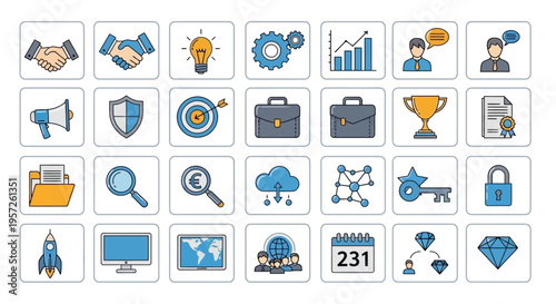 Business and Technology Icons Set: Innovation, Strategy, Success, Finance, and Digital Solutions