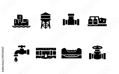 Municipal Water System. Filled icon set of Municipal Water System: cityscape, water tank, pipe junction,