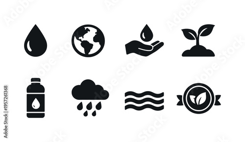 Future Water Care. Filled icon set of Future Water Care: clean water drop, planet earth, child hand with
