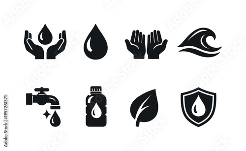 Clean Water Care. Filled icon set of Clean Water Care: helping hands with droplet, pure water drop, open palms
