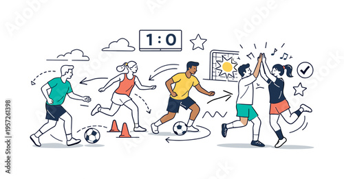 Outdoor team training in the park. Players run drills, pass a ball, and celebrate a goal while cones, score