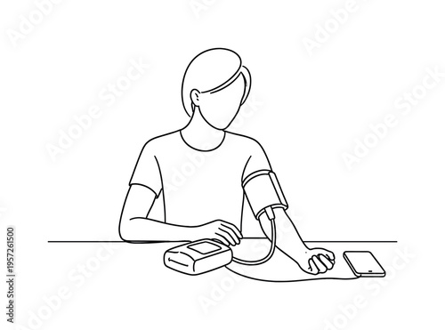 "Remote Blood Pressure Monitoring". Minimalistic one-line drawing person at home measuring blood pressure with
