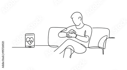 "Smart Home Health Check". Minimalistic one-line drawing person sitting on sofa checking health stats on a