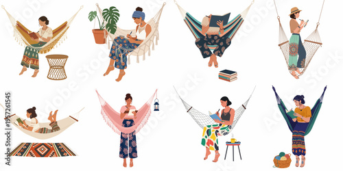 Collection of bohemian women relaxing, reading, and journaling in hammocks, flat vector illustration set on a white background.