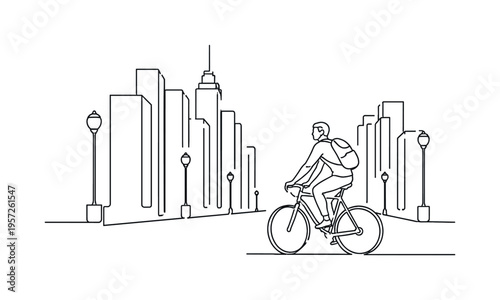 "Urban Bike Ride". Minimalistic one-line drawing person cycling through a city avenue passing tall buildings