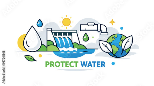 Sustainable water icon set. Minimal geometric icons of droplets, reservoirs, pipes, and eco leaves arranged in