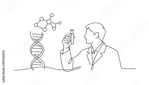 "Biotech Laboratory Innovation". Minimalistic one-line drawing scientist holding a test tube while observing a