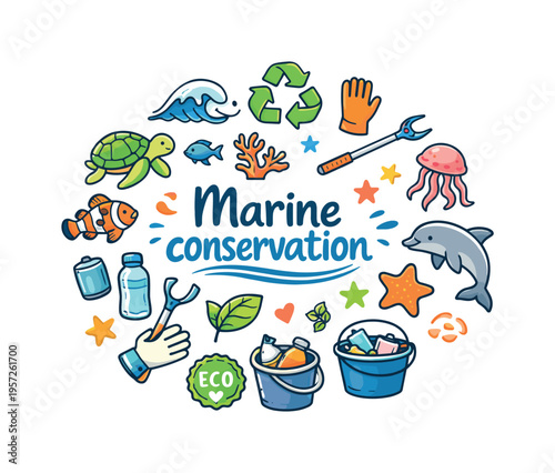 Marine conservation. Hand drawn illustration of Marine conservation. sea turtle, fish, coral reef, water wave,