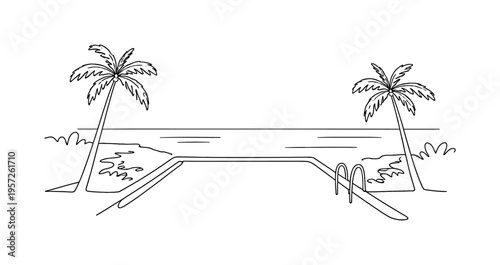 "Tropical Pool by the Sea". Minimalistic one-line drawing infinity swimming pool overlooking calm ocean
