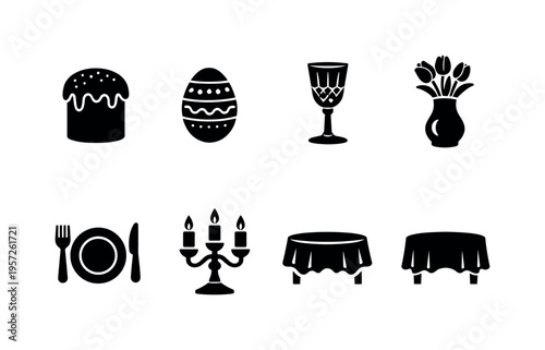 Luxury Easter holiday table. Filled icon set of Luxury Easter holiday table: Easter bread kulich, decorated