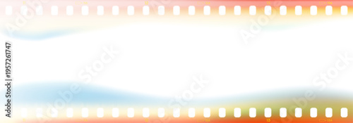 Realistic film frame with light leak effects. Retro 35mm vector border with sprocket holes with burn gradient and transparent overlay for retro video, cinematic project, nostalgic photo edit.