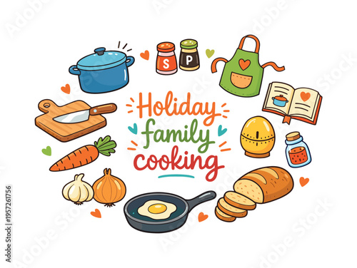 Holiday family cooking. Hand drawn illustration of Holiday family cooking. cooking pot, wooden spoon, cutting