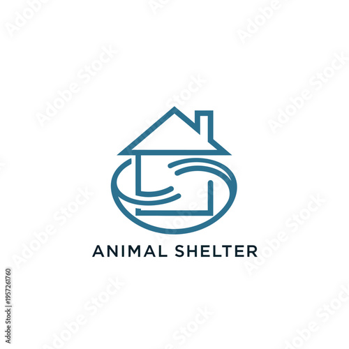 Animal shelter logo with blue house outline and circular waves on transparent background