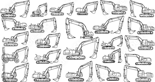Excavator Line Art: Construction Vehicle Seamless Pattern