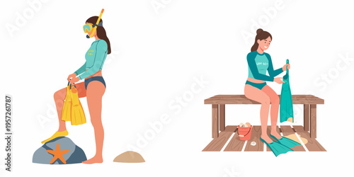 Illustration set of a woman preparing for snorkeling with mask and fins, and cleaning her diving gear after a beach day.