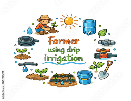 Farmer using drip irrigation. Hand drawn illustration of Farmer using drip irrigation. farmer hat, water drip