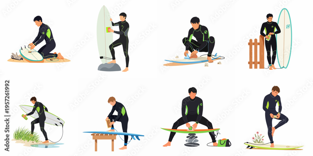Fototapeta premium Collection of minimalist illustrations showing male surfers in black wetsuits preparing, waxing, and maintaining their surfboards on the beach before hitting the waves.