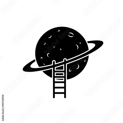 Ladder Reaching a Ringed Planet Silhouette Illustration.