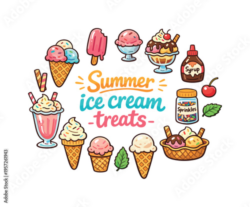 Summer ice cream treats. Hand drawn illustration of Summer ice cream treats. waffle cone, popsicle, ice cream