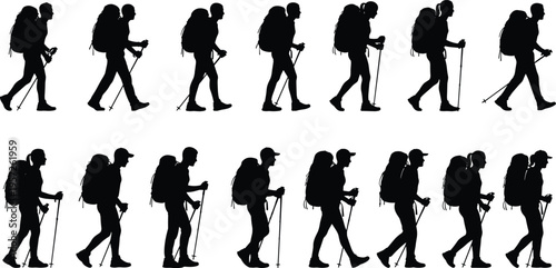 Hiking silhouettes set isolated on white background, people with backpacks and trekking poles, outdoor mountain walking adventure vector illustration collection.