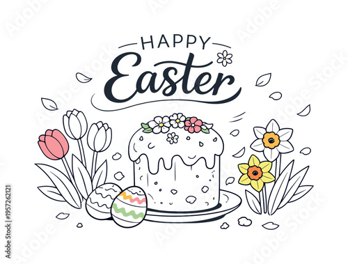 Spring Easter bakery. Sweet Easter bread with icing and tiny flowers, pastel tulips and daffodils blooming