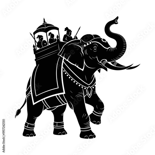 Majestic Elephant Silhouette with Riders and Ornate Decoration.