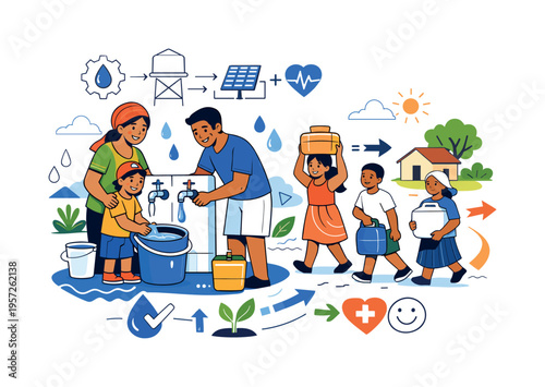 Rural Water Upgrade. Improving water access in a rural village. A local family uses a new tap station while