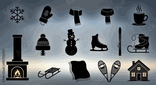 Winter Icons Silhouette Collection: Snowman, Skates, Fireplace, Snowflakes, Hot Drink
