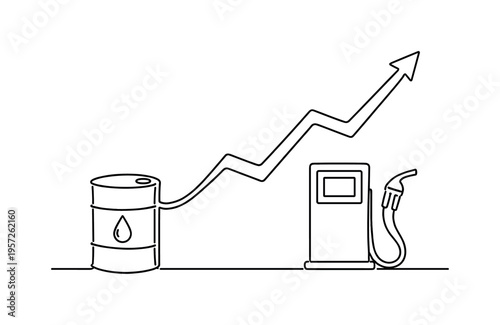"Rising Energy Prices". Minimalistic one-line drawing oil barrel connected to a fuel pump with an ascending