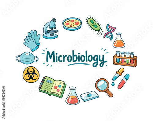 Microbiology. Hand drawn illustration of Microbiology. microscope, petri dish colony, bacteria cell icon,