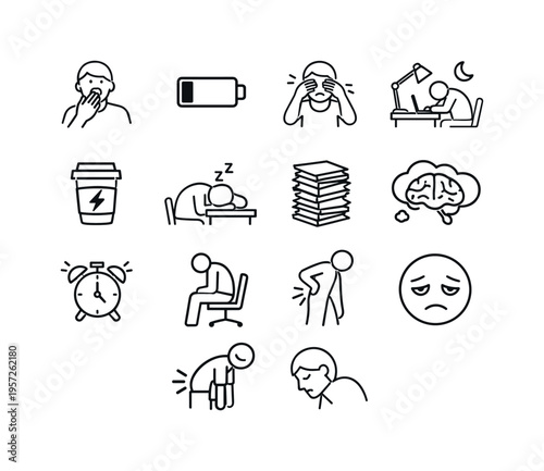 Workplace Fatigue. Line outline icon set of Workplace Fatigue: tired worker yawning, low energy battery icon,