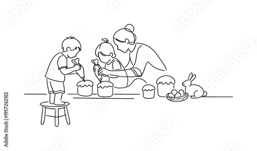 "Family Easter Kitchen Moment". Minimalistic one-line drawing small children standing on stools helping