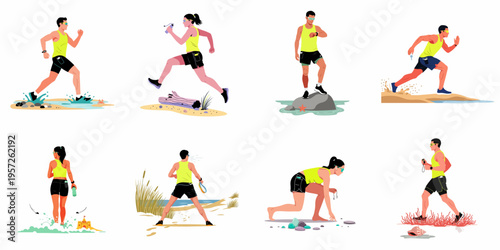 Vector Illustration Set of Men and Women Jogging and Exercising in Coastal and Beach Environments, Featuring Various Athletic Poses and Outdoor Activities.