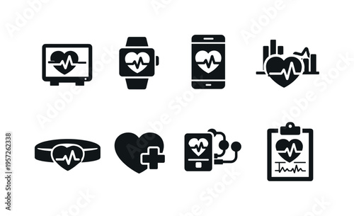 Heart Monitoring Technology. Filled icon set of Heart Monitoring Technology: heart ECG monitor, smartwatch