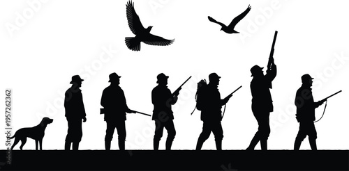 Hunting silhouettes set with hunters carrying rifles dogs and flying birds isolated on white background, outdoor sport nature vector illustrations.