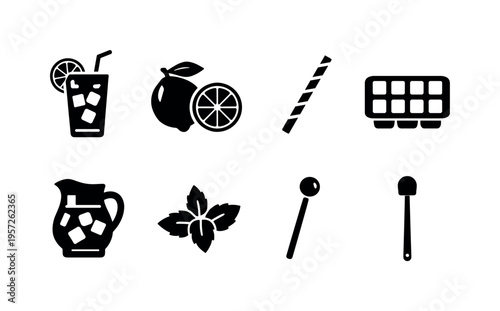 Summer Lemonade. Filled icon set of Summer Lemonade: lemonade glass with ice cubes, lemon slice garnish, lemon