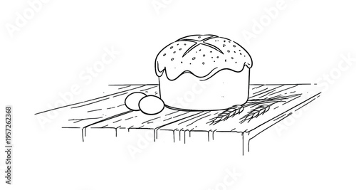 "Rustic Easter Bread in Natural Light". Minimalistic one-line drawing Easter bread resting on a rustic wooden