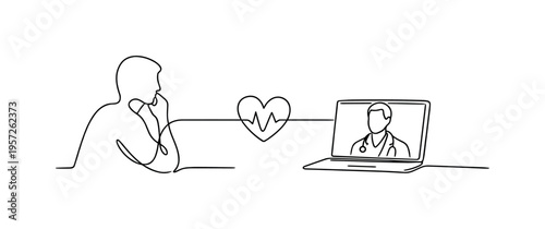 "Home Telehealth Consultation". Minimalistic one-line drawing person at home speaking with a doctor on a