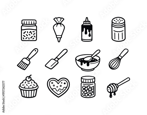 Sweet baking decorations. Line outline icon set of Sweet baking decorations: sugar sprinkles jar, icing piping