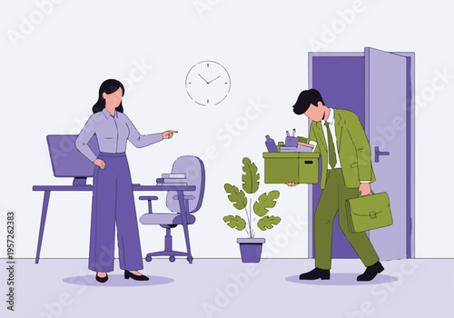 Workplace dismissal: Boss fires employee in office, employee leaves with box.