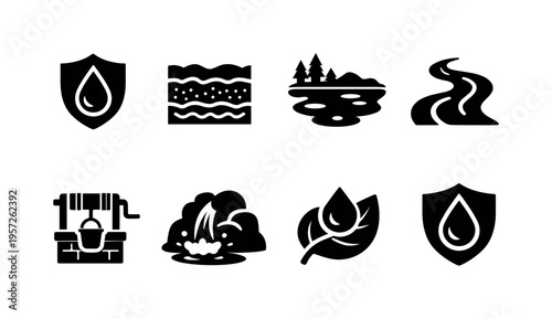 Water Resource Protection. Filled icon set of Water Resource Protection: protected water drop, aquifer layers,