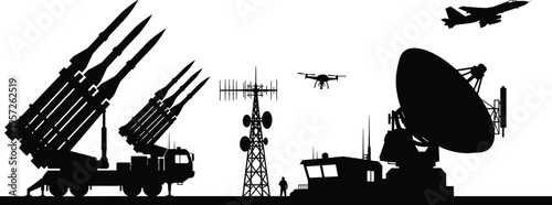 Integrated military defense systems silhouette illustration, missile launcher artwork, radar and drone design concept, black and white vector template set
