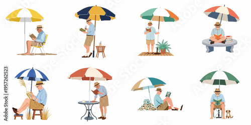 Vector illustration set featuring an elderly man reading books under various colorful sun umbrellas in different outdoor locations, isolated on white background.