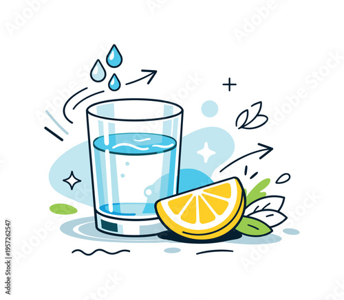 Pure hydration minimal composition. A glass of water with a lemon slice nearby and a few floating droplets,
