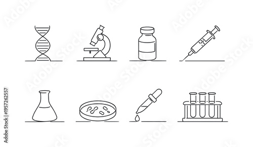 "Biotechnology Vaccine Research". Minimalistic set one-line drawing DNA helix strand, microscope, vaccine vial