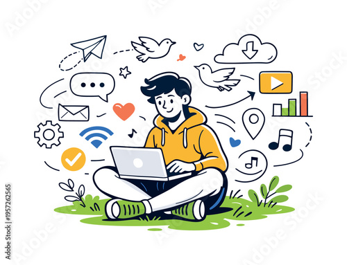 Digital nomad working in nature. A relaxed character sits on the grass with a laptop on their knees while