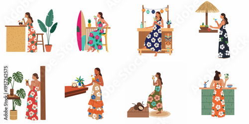 Collection of vector illustrations featuring women in floral maxi dresses enjoying tropical cocktails at various tiki bars and beach lounges during summer vacation.